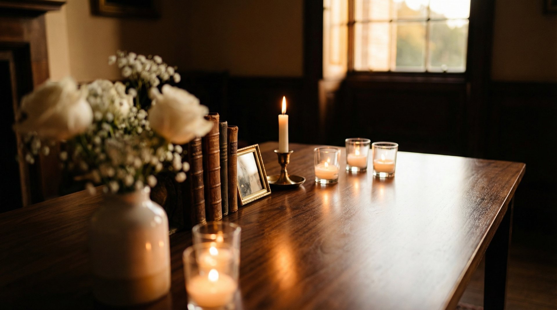 Warme kaarslicht en witte bloemen