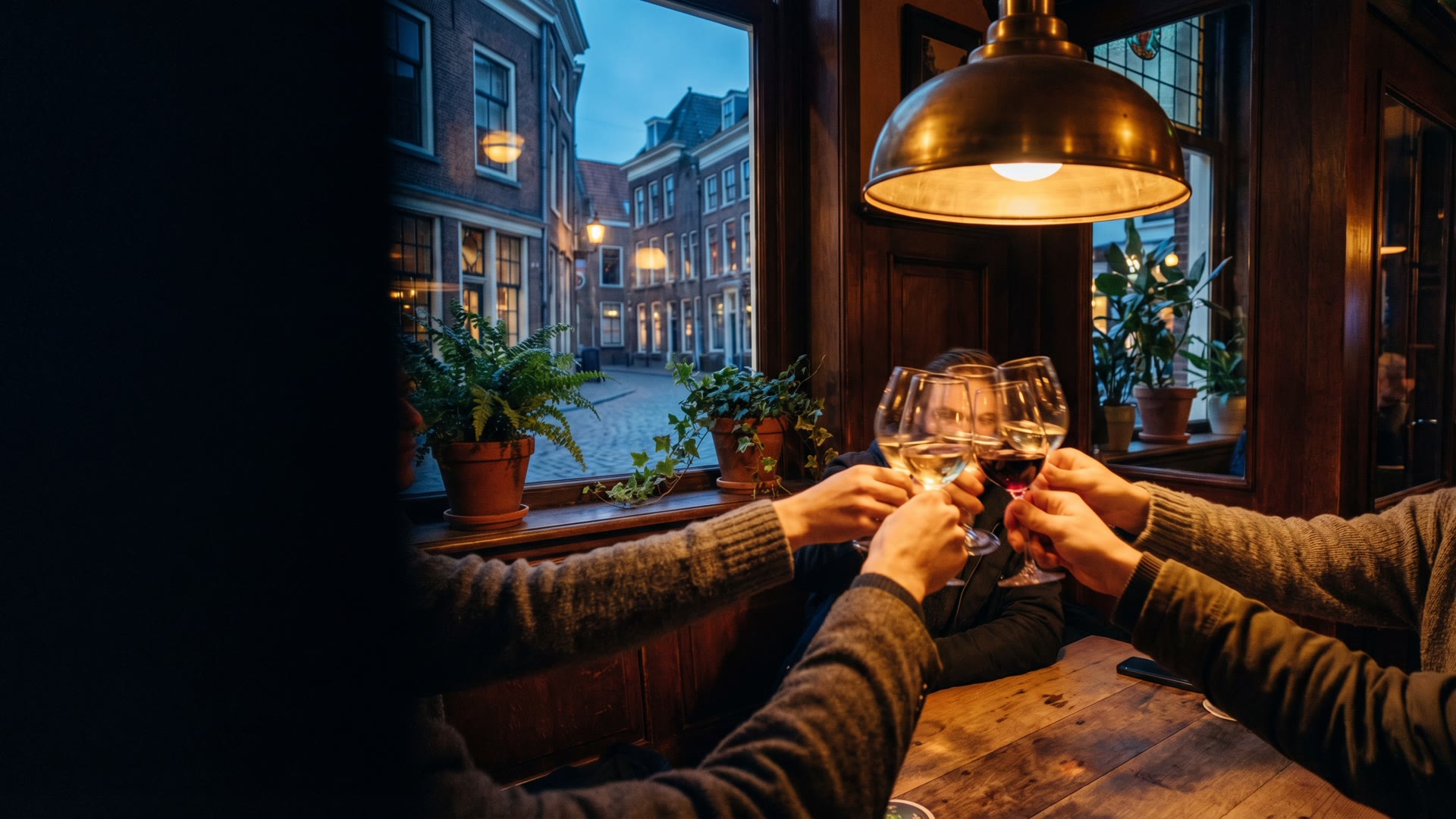 Vrienden proosten met wijnglazen aan een tafel in een warm Brabants bruin café